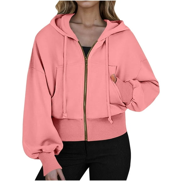 MaFYtyTPR Women's Stylish Hooded Casual Jacket With Zipper Pocket In Solid Color Pink L