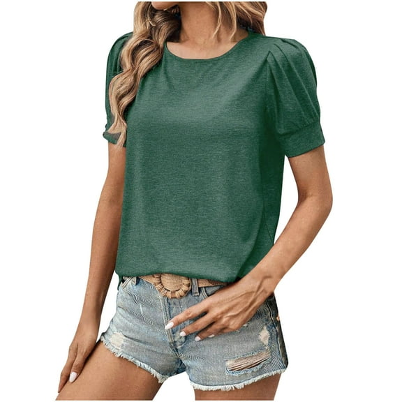 MIUOWANP Big & Tall Blouses for Women Loose Women's New Solid Color Round Neck Loose Button Decoration Short Sleeved T-shirt Green XXL