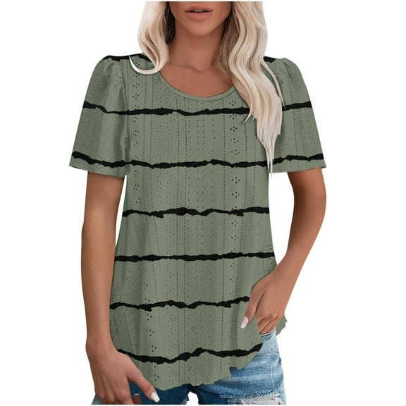 MIUOWANP Big & Tall Blouses for Women Loose Women's Spring/Summer Striped Round Neck Sleeve Short Sleeve Top T-shirt Army Green XXXL