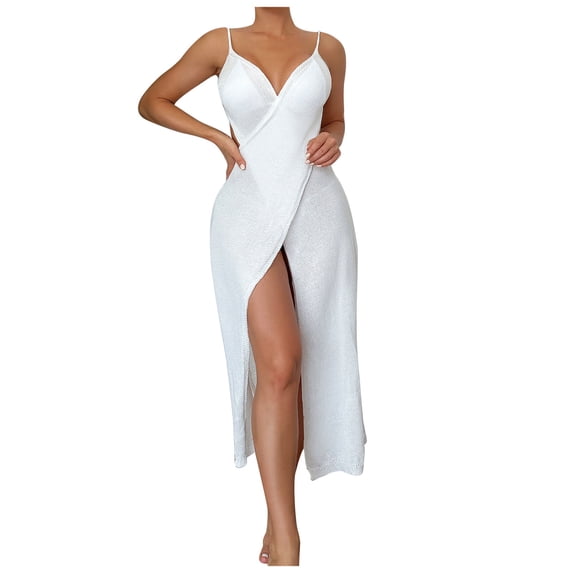 MIUOWANP Bikini Coverup Side Slit Dress Womens Bathing Suit Crochet Hollow Out Cover Ups Bikini Swimsuit Beach Loose Sling Coverup Skirt