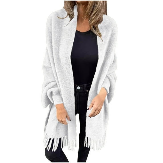 MIUOWANP Black and Friday Lady Jacket Women's Loose Casual Solid Color Shawl Jacket With Plush Tassel Design For And Winter Cardigan White XXXXL