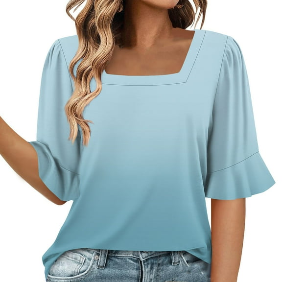 MIUOWANP Blouses for Women Dressy Casual Women's Fashion Summer Gradient color Short Sleeve Square Neck Blouses Light Blue L