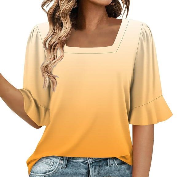 MIUOWANP Blouses for Women Dressy Casual Women's Fashion Summer Gradient color Short Sleeve Square Neck Blouses Orange XL