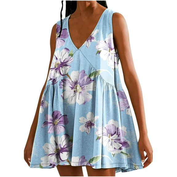 MIUOWANP Breathable A-Line Sleeveless V-Neck Dress for Women with Loose Pleats Daily Floral Print Casual Dress Size S(4)Sky Blue