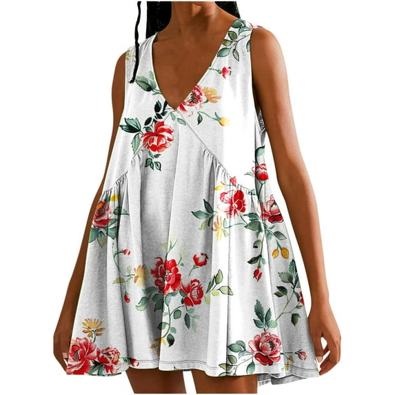 MIUOWANP Breathable A-Line Sleeveless V-Neck Dress for Women with Loose Pleats Daily Floral Print Casual Dress Size S(4)White