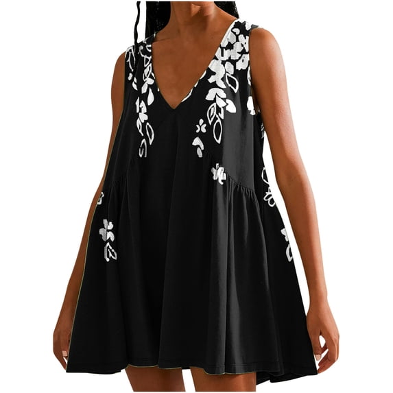 MIUOWANP Breathable A-Line Sleeveless V-Neck Dress for Women with Loose Pleats Daily Leaf Print Casual Dress Size XL(10)Black