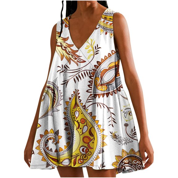 MIUOWANP Breathable A-Line Sleeveless V-Neck Dress for Women with Loose Pleats Daily Retro Print Casual Dress Size XXL(12)Yellow