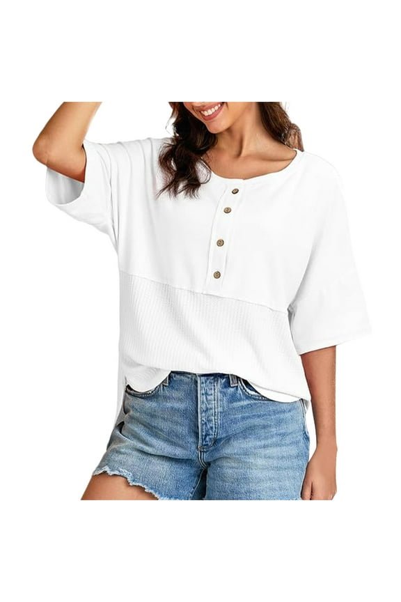 Business Casual Tops for Women Trendy Women's 3/4 Casual Knit Top With Three-quarter Sleeve Patchwork Buttons White L