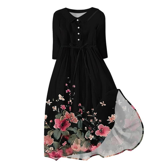MIUOWANP Button Down Dress for Women Plus Size Hot Sell Casual Clothing Women's Casual Floral Loose Pleated Shirt Dress Size M Black