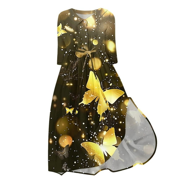 MIUOWANP Button Down Dress for Women Plus Size Hot Sell Casual Clothing Women's Casual Floral Loose Pleated Shirt Dress Size XL Yellow