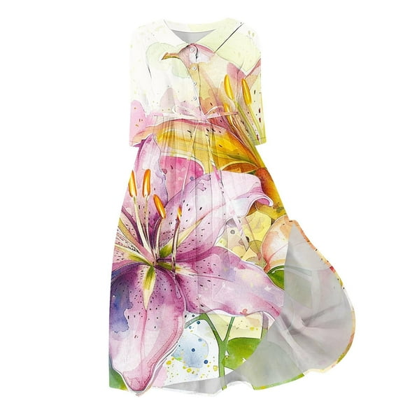 MIUOWANP Button Down Dress for Women Plus Size Hot Sell Casual Clothing Women's Casual Floral Loose Pleated Shirt Dress Size XXL White