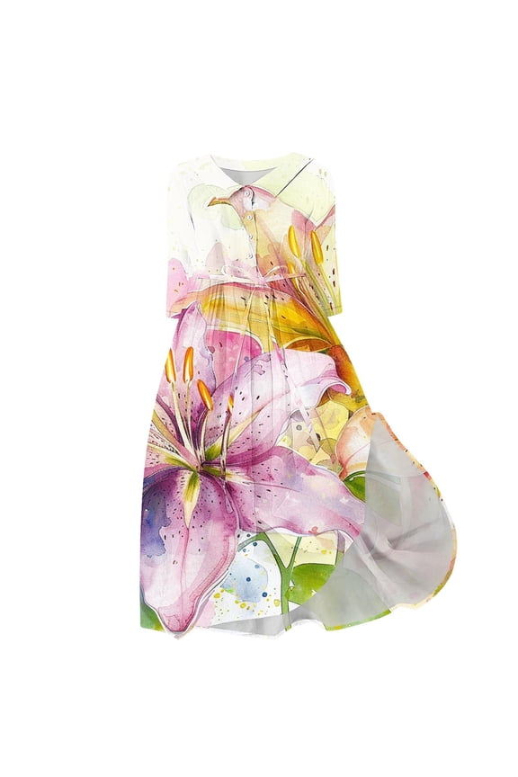 Button Down Dress for Women Plus Size Hot Sell Casual Clothing Women's Casual Floral Loose Pleated Shirt Dress Size XXXL White