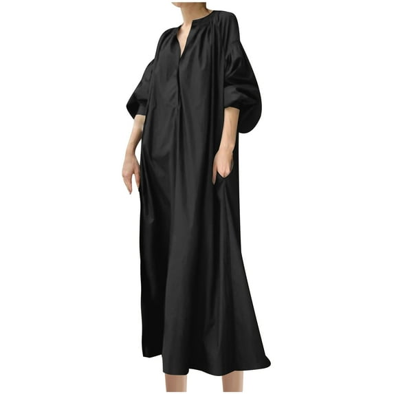 MIUOWANP Button Down Dress for Women Minimalist Versatile Women's Short Sleeved V-neck Fashion Solid Color High Waist And Ankle Split V-neck Dress On Sale,Size Free Size Black