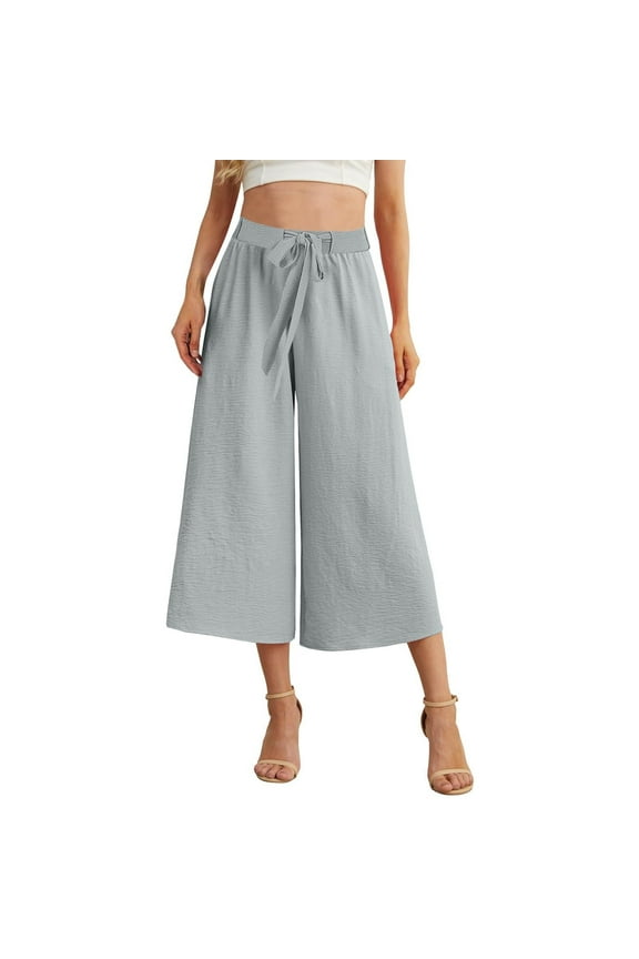 Capri Pants for Women Solid Color High Waist Wide Leg Cropped Pants with Wide Leg and Bandage Design Gray M