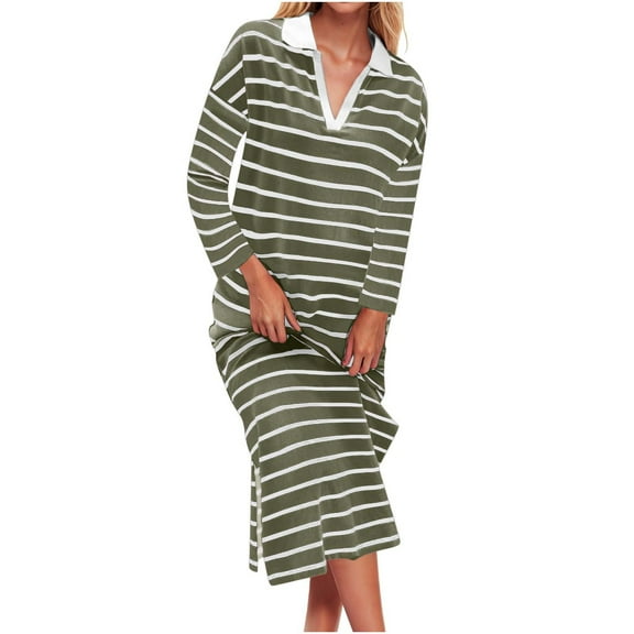 MIUOWANP Casual Dresses for Women 2024 Women's Striped Long Sleeve Dress V Neck Collared Side Slit Casual Beach Maxi Dresses