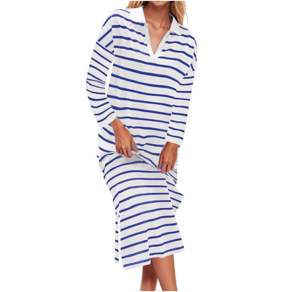 MIUOWANP Casual Dresses for Women 2024 Women's Striped Long Sleeve Dress V Neck Collared Side Slit Casual Beach Maxi Dresses