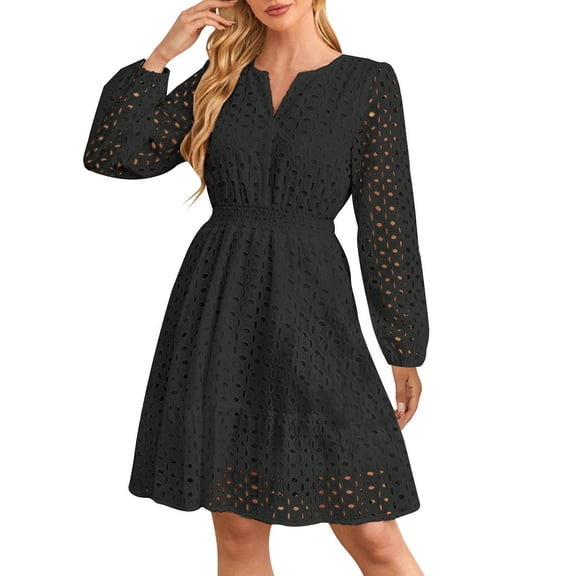 MIUOWANP Casual Dresses for Women 2024 Women's V-neck Hollowed Eyelets Embroidered Pleated Long Sleeved Dress Long Sleeved V-neck Knee Length Dress