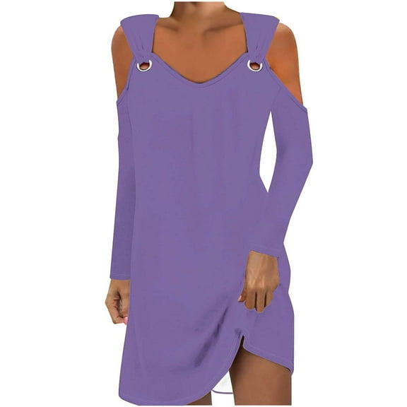 MIUOWANP Casual Dresses for Women Fall Women' Printed Elegant Casual Style Metal Button V-Neck Long Sleeved Off Shoulder Dress