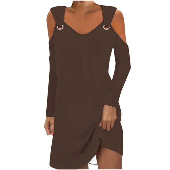 MIUOWANP Casual Dresses for Women Fall Women' Printed Elegant Casual Style Metal Button V-Neck Long Sleeved Off Shoulder Dress