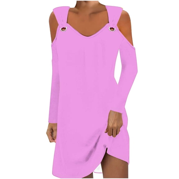 MIUOWANP Casual Dresses for Women Fall Women' Printed Elegant Casual Style Metal Button V-Neck Long Sleeved Off Shoulder Dress