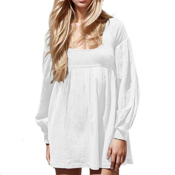 MIUOWANP Casual Dresses for Women Ladies' Casual Loose Solid Color Round Neck Dress Long Sleeved Round Neck Knee Length Dress