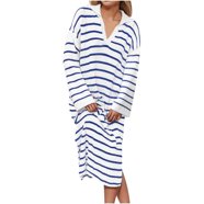 Women's V-Neck Stripe Printed Long Dress – Short Sleeve, Pocket, Loose Swing Skirt For Summer