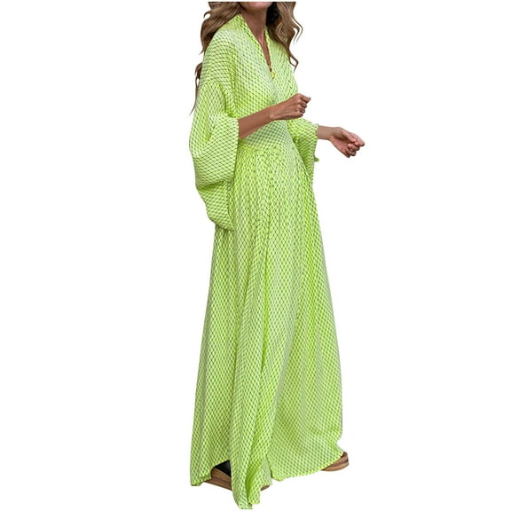 MIUOWANP Casual Dresses for Women Midi Length Ladies Plaid Long Sleeved Loose V-neck Waist Cinching And Swinging Dress