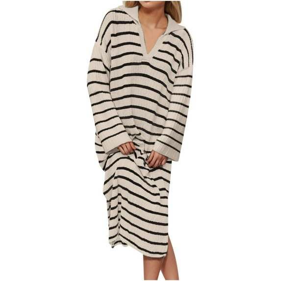 MIUOWANP Casual Dresses for Women Midi Length Women's V-Neck Striped Low Slit Lapel Long Sweater Dress