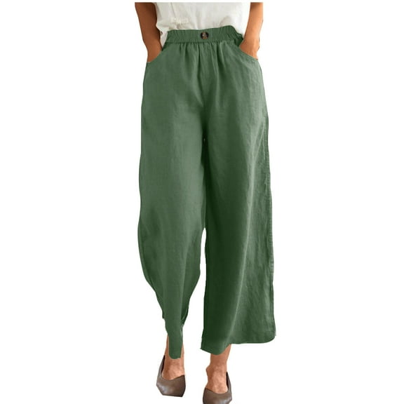 MIUOWANP Casual Pants Women's Trousers Pants Summer Elastic Waist Buttons Casual Linen Pockets Pants Army Green XXL