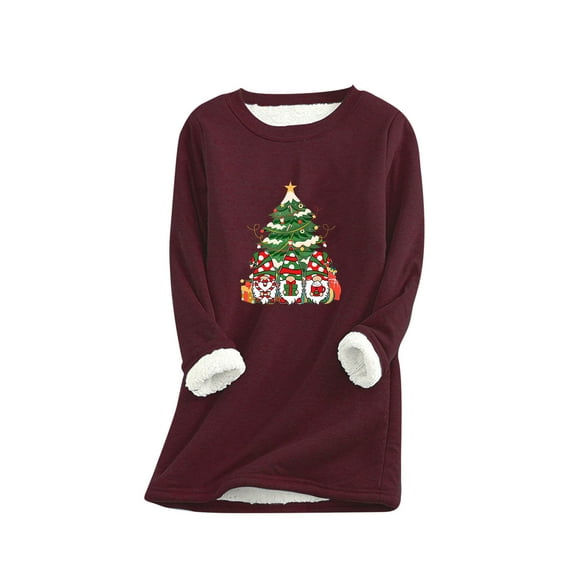 MaFYtyTPR Christmas Tops Christmas Print Women Fashion Thick Fleece Sweatshirt Velvet Warm Round Neck Underwear Top