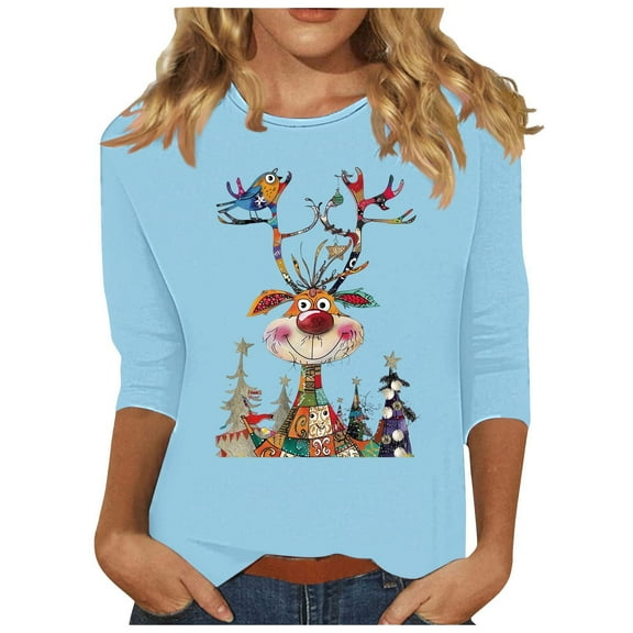 MaFYtyTPR Christmas Tops Fashionable Women's Printed Casual Round Neck Pullover 3/4 Sleeve Top