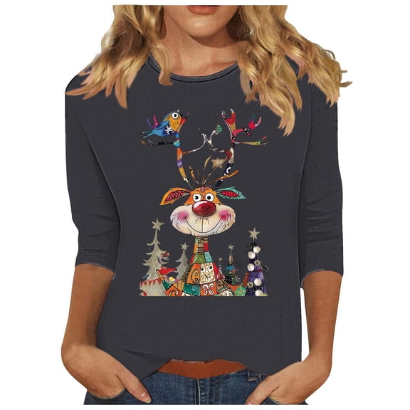MaFYtyTPR Christmas Tops Fashionable Women's Printed Casual Round Neck Pullover 3/4 Sleeve Top