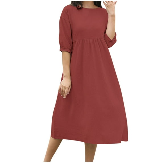 MIUOWANP Clothes A-Line Dresses for Women 2024 Fall Women's Fashion Dressy Casual Mid-sleeve Round Neck Solid Color Cotton and Linen Pockets Dresses,US Size XXL Watermelon Red