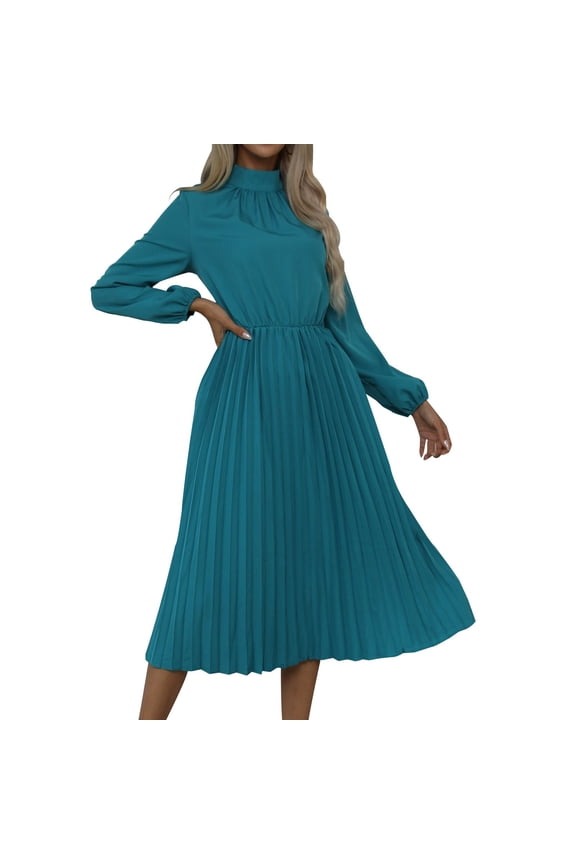 Clothes A-Line Dresses for Women Lightweight Women's Fashion Casual Solid Long Sleeve Round Neck Pleated Mini Dress,US Size M Blue