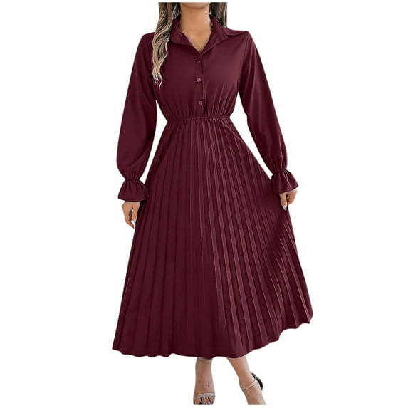 MIUOWANP Clothes Ladies' Casual Chic long sleeved dress Women's Fashion Solid Color Turndown Collar Long Sleeve Lapel Waist In Bouffant Gown Dresses,Size M Wine