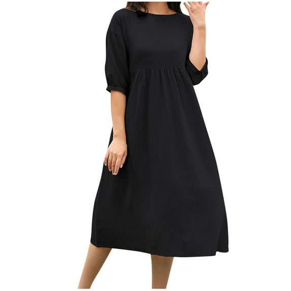 MIUOWANP Clothes Long Dresses for Easy to Mix and Match Women's Fashion Dressy Casual Mid-sleeve Round Neck Solid Color Cotton and Linen Pockets Dresses,US Size XL Black