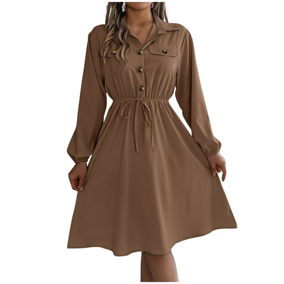 MaFYtyTPR Clothes Dresses for Women 2025 Women's Fall/Winter Dressy Casual Button Tied Waist Long Sleeved Solid Color Lapel Dress Khaki L