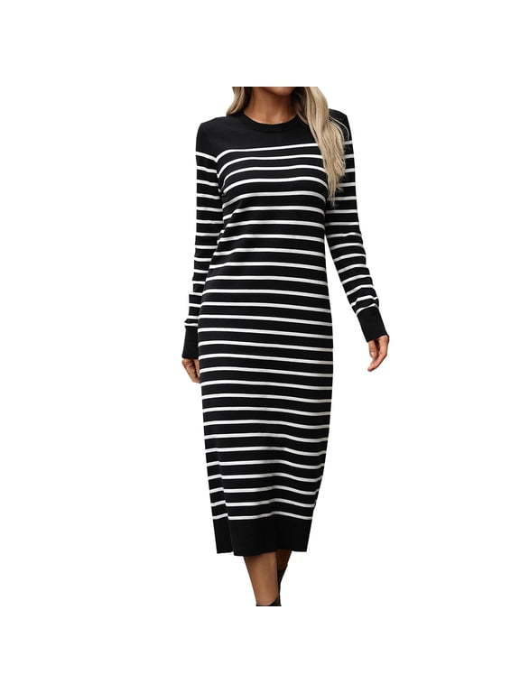 MIUOWANP Clothes Women's Long Dresses 2024 Hot Sale Women's Fall/Winter Fashion Slim Fit Intercolor Knit Striped Long Sleeve Round Neck Dresses,US Size XL Black