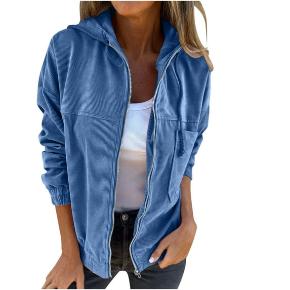 MaFYtyTPR Coat Fall And Winter Hooded Sweatshirt For Womens Loose Long Sleeves Jacket Solid Color Casual Going Out Coat Blue XXL