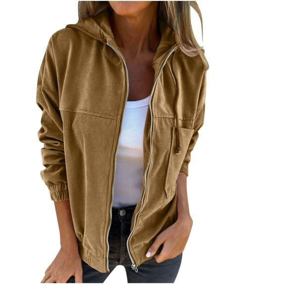 MIUOWANP Coat Clearance Fall And Winter Hooded Sweatshirt For Womens Loose Long Sleeves Jacket Solid Color Casual Going Out Coat Khaki XL
