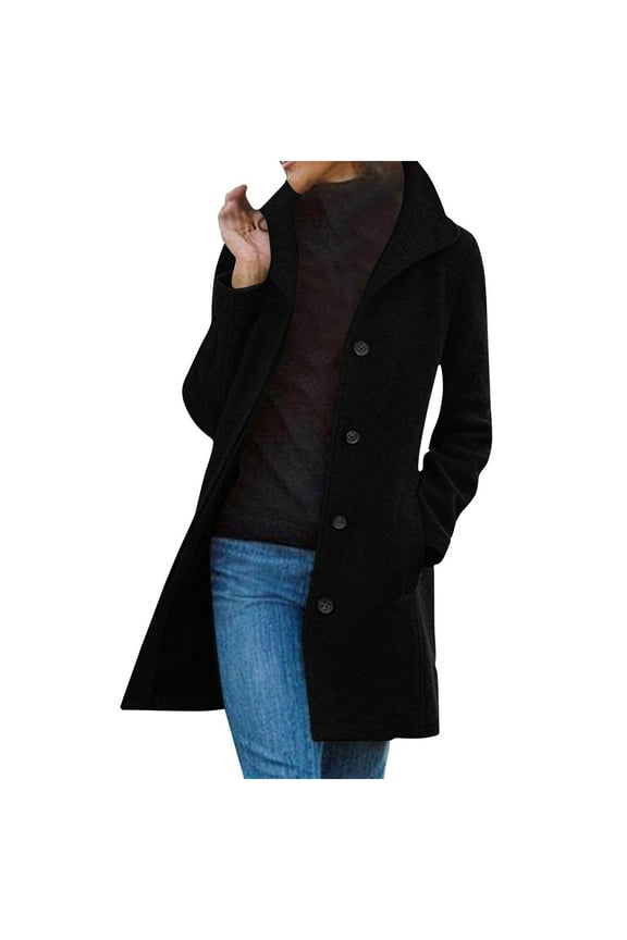 Coat Womens Long Women's Solid Casual Thicken Wool Stand Collar Single Inner Lining Pocket Breasted Pea Mao Coat Black XXXL