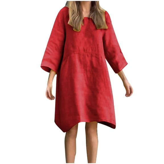 MIUOWANP Long Sleeve Dress for Women Plus Size Women Casual Long Sleeve Solid Round Neck Long Dresses On Sale,Size XL Red