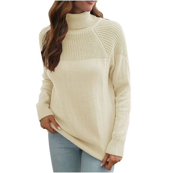 MIUOWANP Cotton Sweaters for Women V Neck Women's Raglan Sleeve Turtleneck Sweater Women's Loose And Winter Long-sleeved Sweater Beige L