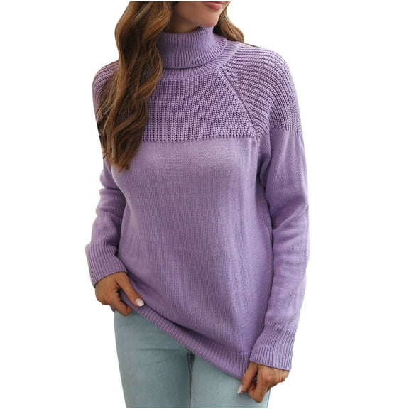MIUOWANP Cotton Sweaters for Women V Neck Women's Raglan Sleeve Turtleneck Sweater Women's Loose And Winter Long-sleeved Sweater Purple L