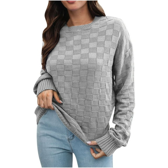 MIUOWANP Cotton Sweaters for Women Women's Three-dimensional Plaid Sweater Women's Loose And Winter Long-sleeved Sweater Gray L