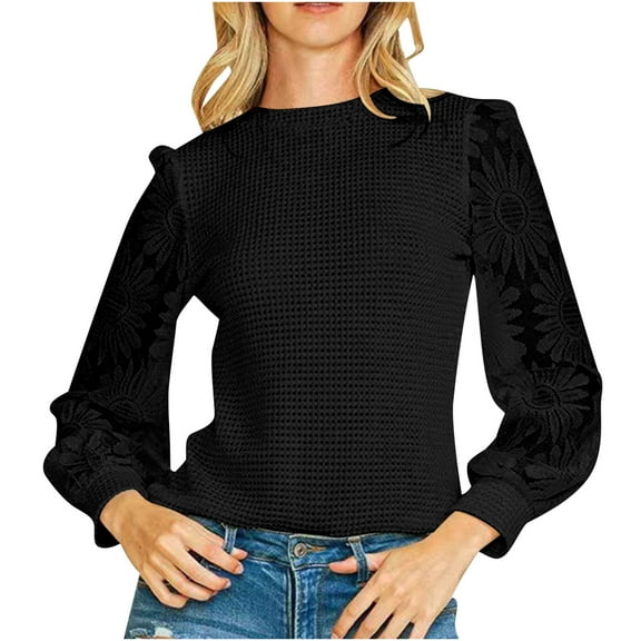 MIUOWANP Crewneck Sweatshirts Women Cotton Women's Solid Color Long Sleeved Round Neck Pullover Top Black XL