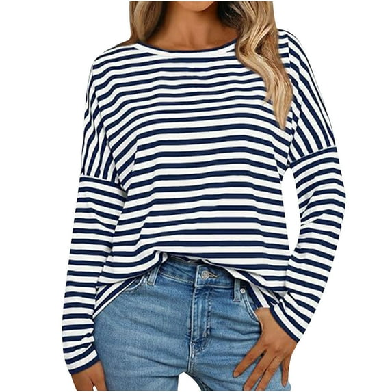 MIUOWANP Crewneck Sweatshirts Women Plus Size Women's Long Sleeved Striped Pullover Round Neck Top Navy M
