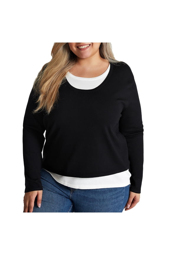 Crewneck Sweatshirts Women Women's New Plus Size Round Neck Pullover Fake Two-piece Top Loose Casual Color Blocked Long Sleeved T-shirt Black XXXL