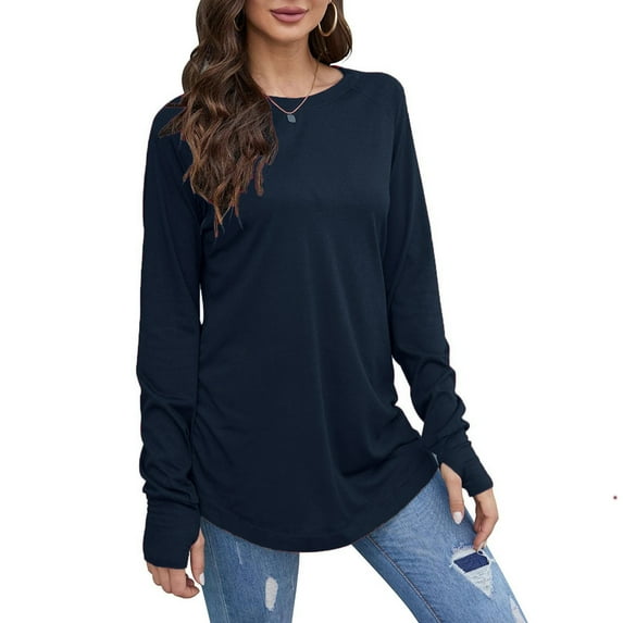 MIUOWANP Crewneck Sweatshirts Womens 2024 Women's Casual Round Neck Long Sleeved Fashion Top Navy XXL