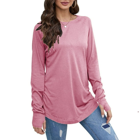 MIUOWANP Crewneck Sweatshirts Womens 2024 Women's Casual Round Neck Long Sleeved Fashion Top Pink XXL